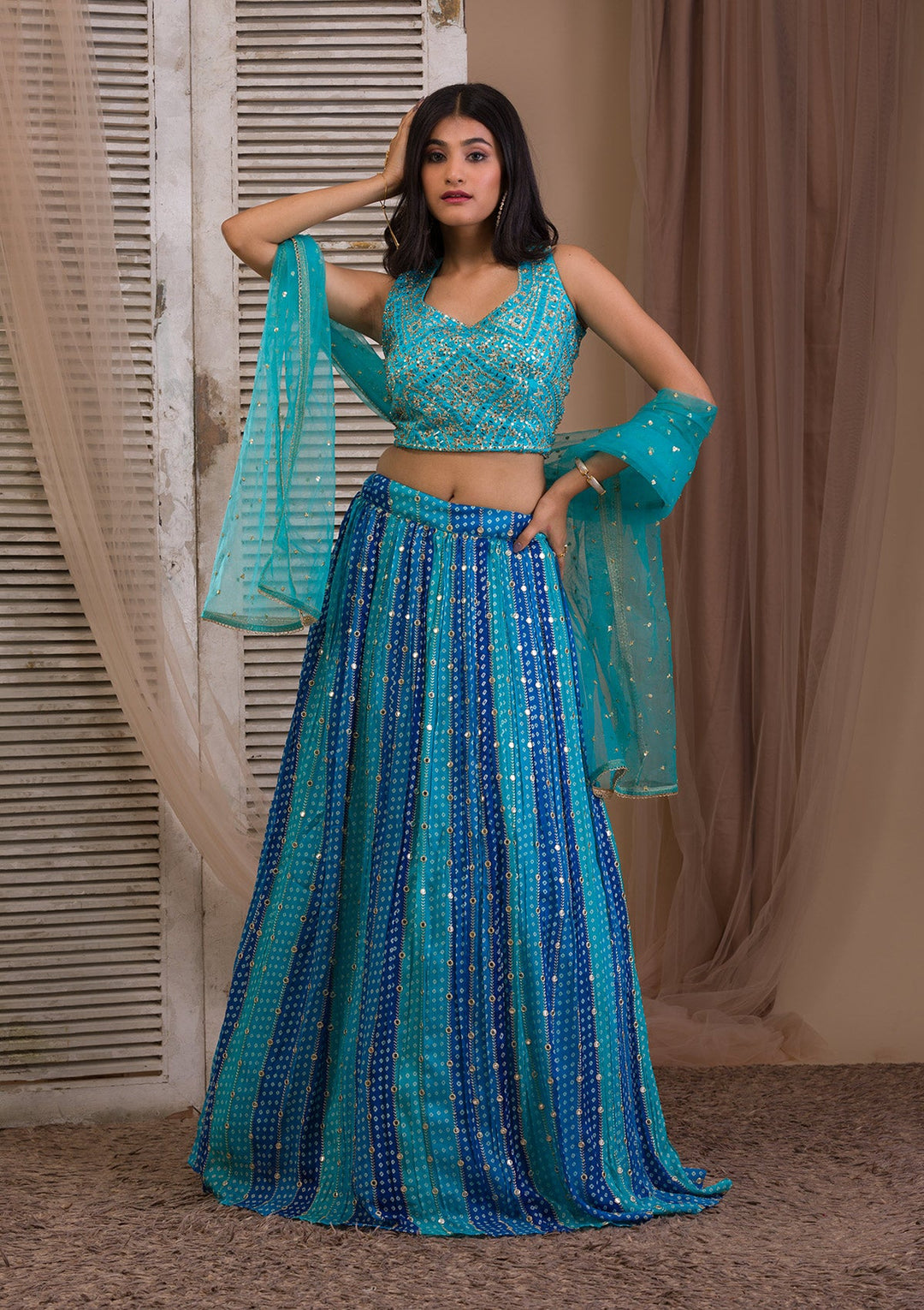 Sea Green Sequins Georgette Readymade Lehenga-Koskii