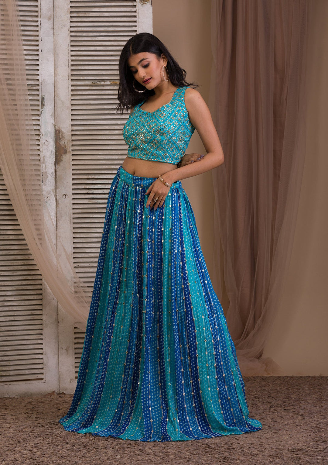 Sea Green Sequins Georgette Readymade Lehenga-Koskii