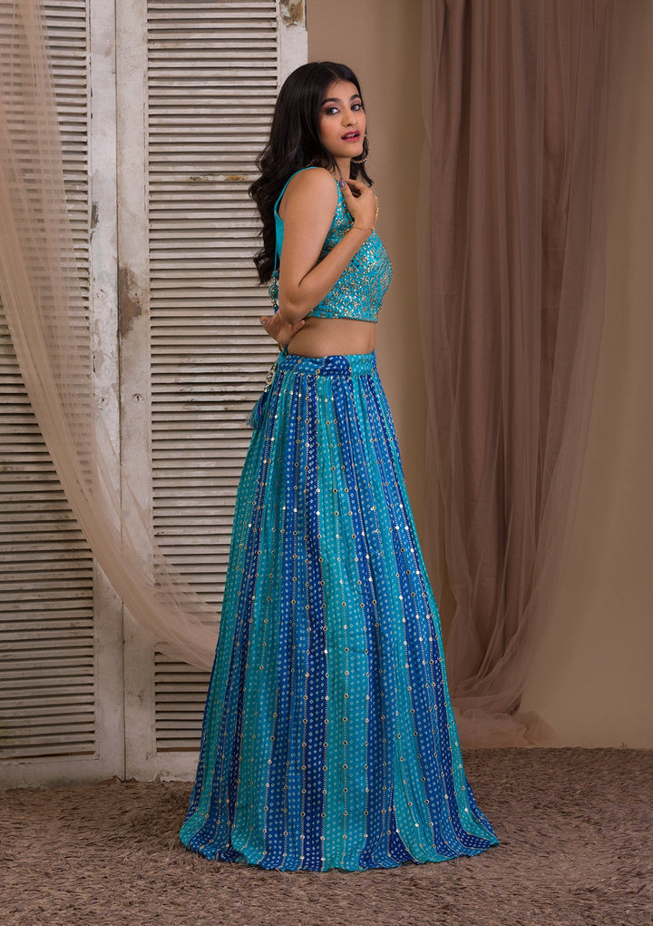 Sea Green Sequins Georgette Readymade Lehenga-Koskii