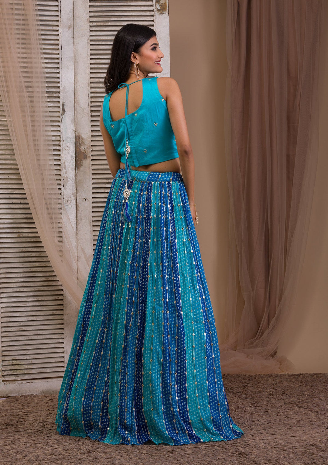 Sea Green Sequins Georgette Readymade Lehenga-Koskii