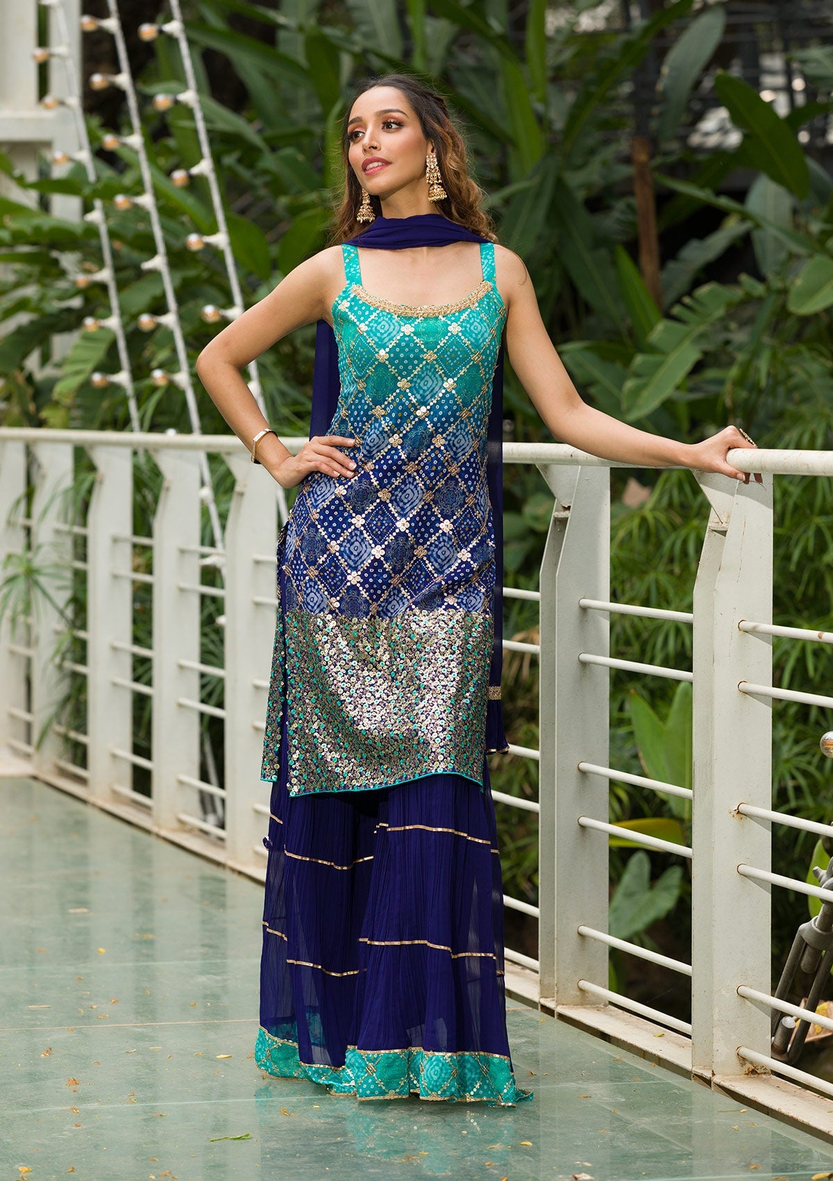 Sea Green Sequins Georgette Readymade Salwar Kameez-Koskii