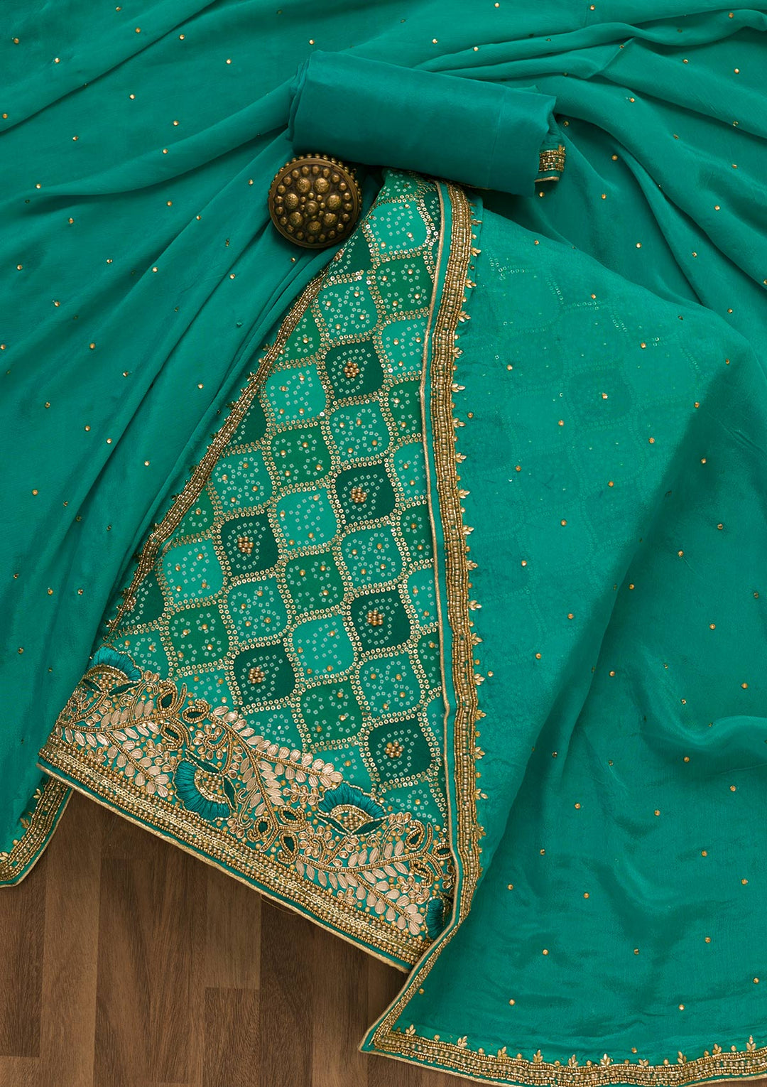 Sea Green Bandhani Georgette Unstitched Salwar Kameez-Koskii