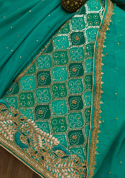 Sea Green Bandhani Georgette Unstitched Salwar Kameez-Koskii