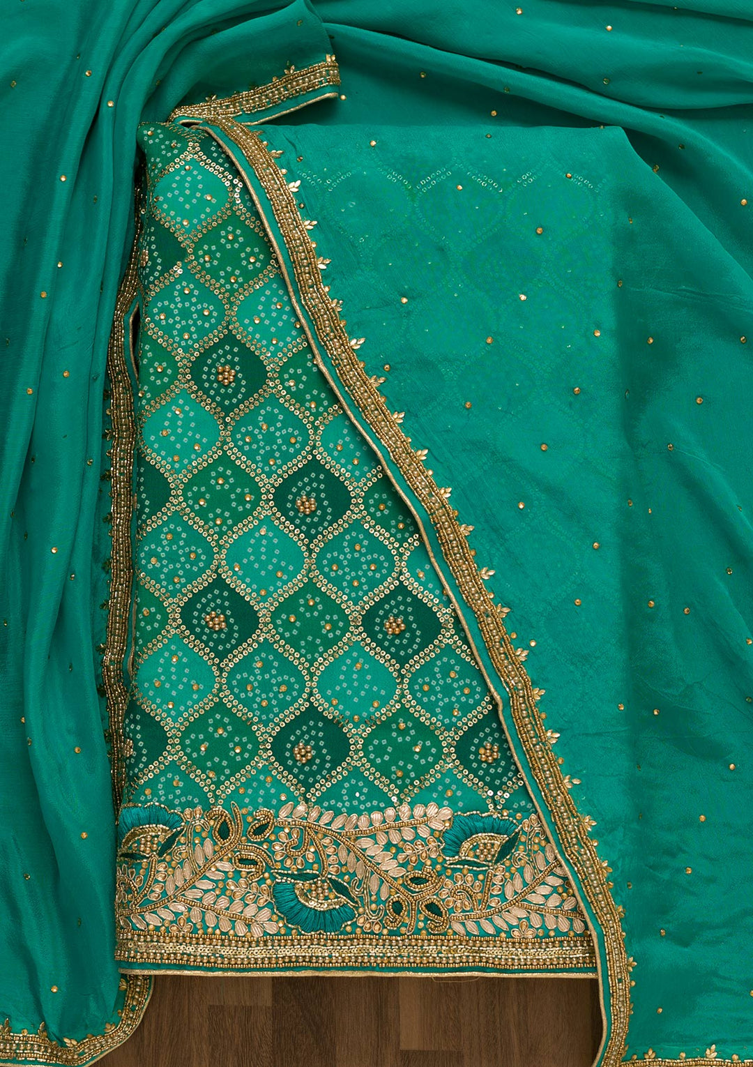Sea Green Bandhani Georgette Unstitched Salwar Kameez-Koskii