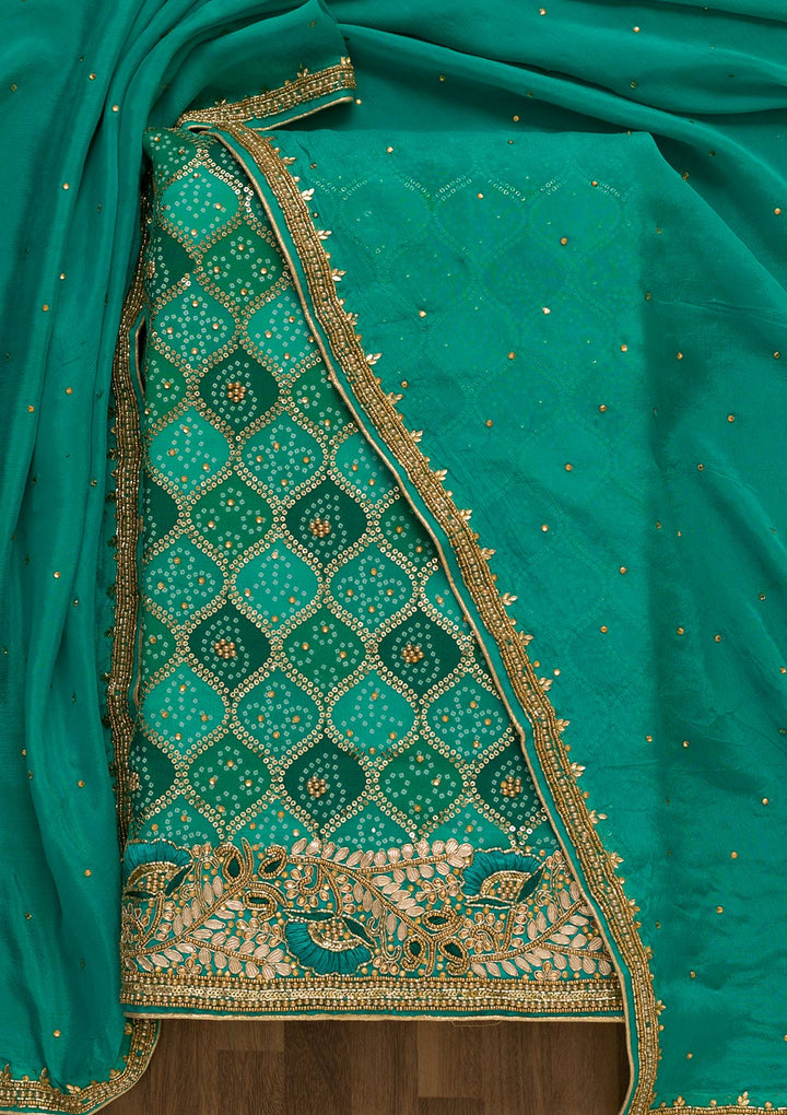 Sea Green Bandhani Georgette Unstitched Salwar Kameez-Koskii