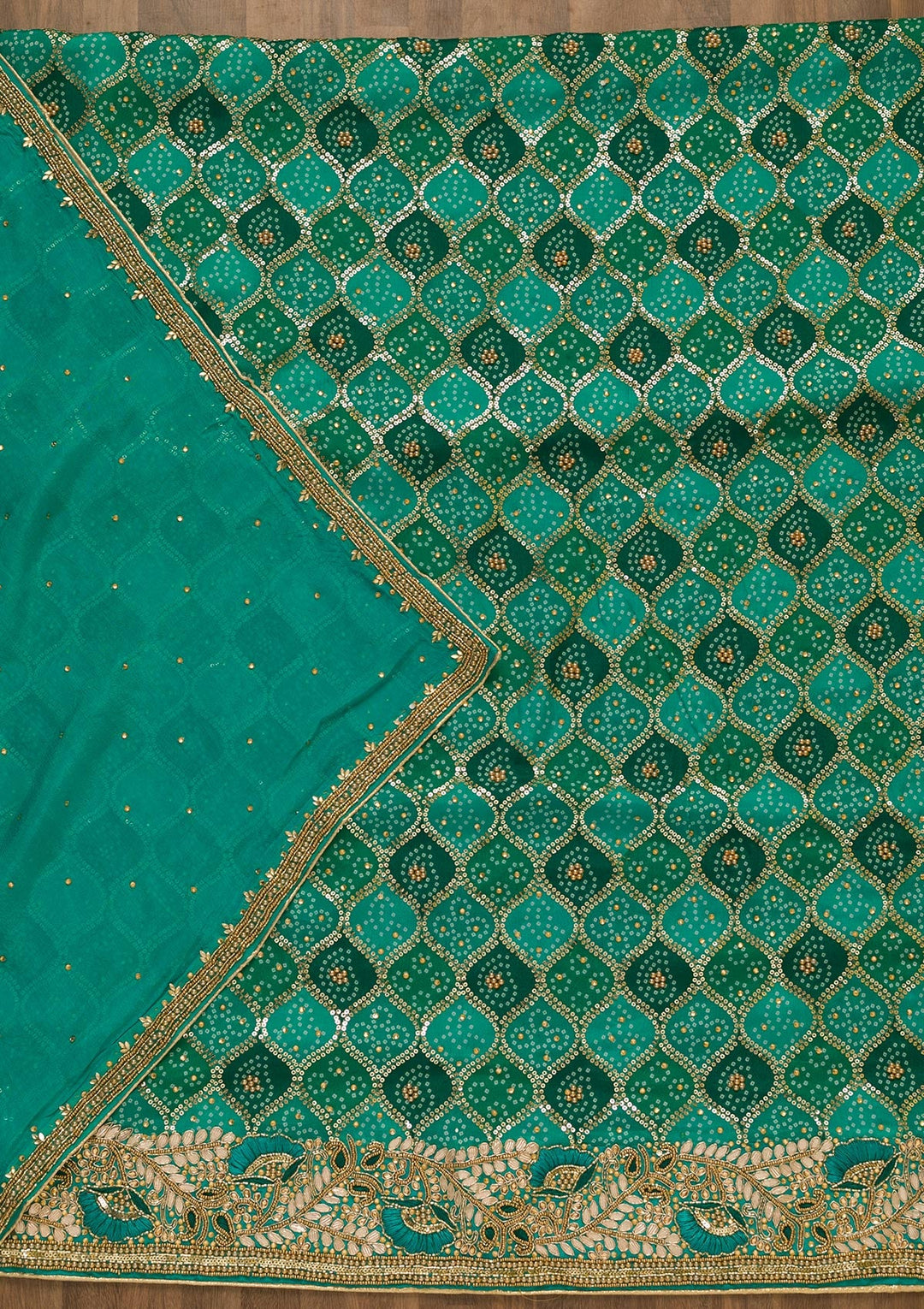 Sea Green Bandhani Georgette Unstitched Salwar Kameez-Koskii