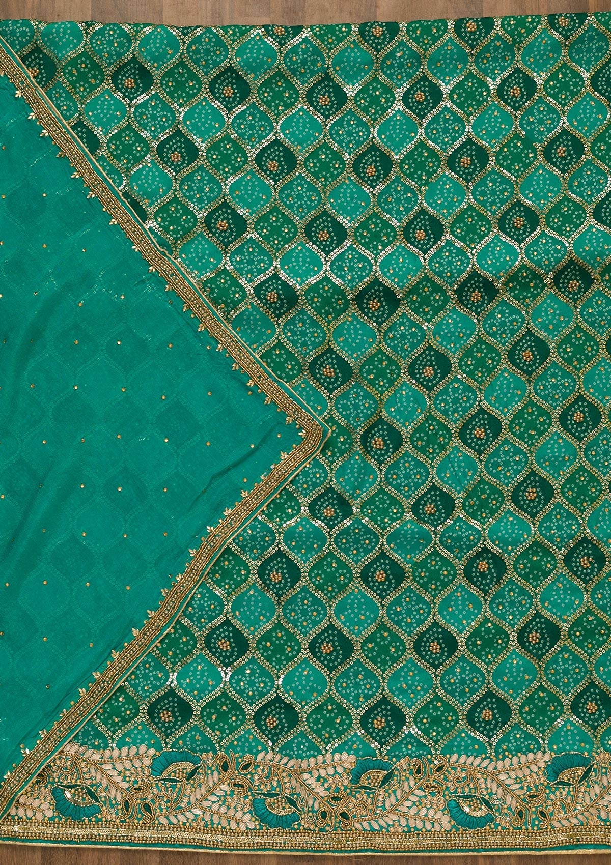 Sea Green Bandhani Georgette Unstitched Salwar Kameez-Koskii