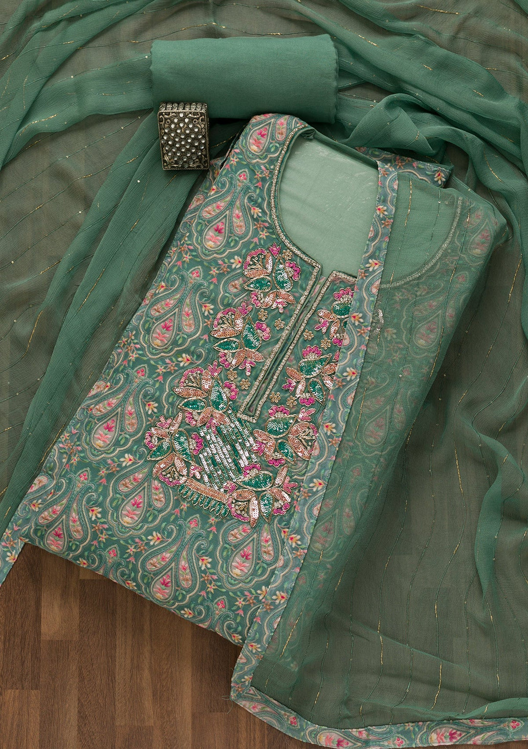 Sea Green Threadwork Georgette Unstitched Salwar Kameez-Koskii