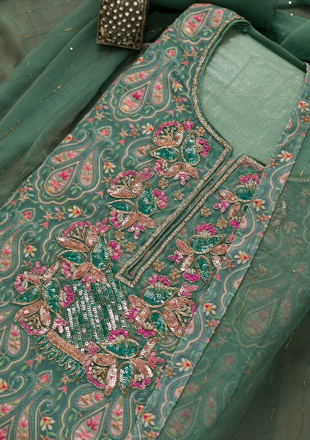 Sea Green Threadwork Georgette Unstitched Salwar Kameez-Koskii