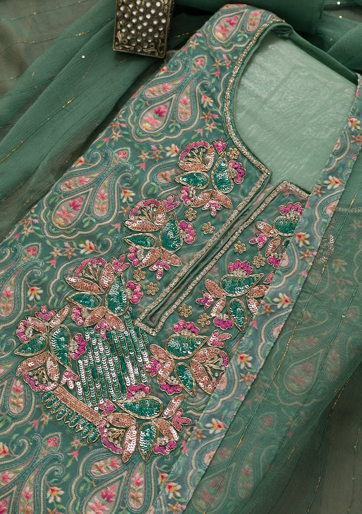 Sea Green Threadwork Georgette Unstitched Salwar Kameez-Koskii
