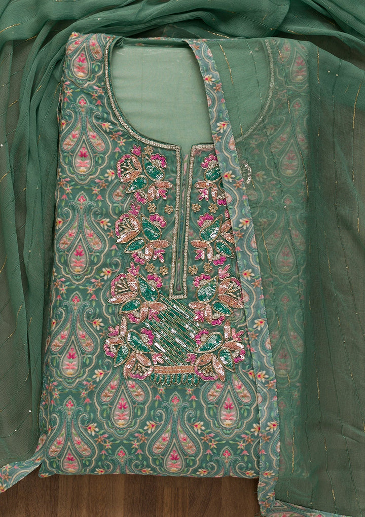 Sea Green Threadwork Georgette Unstitched Salwar Kameez-Koskii