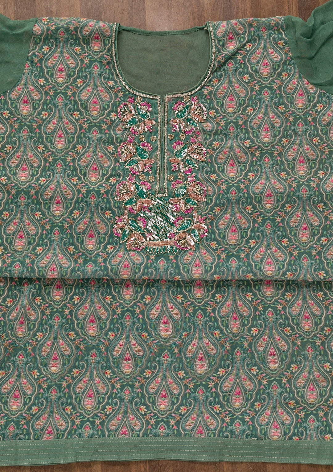 Sea Green Threadwork Georgette Unstitched Salwar Kameez-Koskii