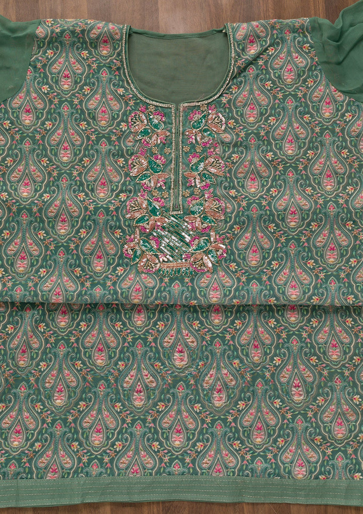Sea Green Threadwork Georgette Unstitched Salwar Kameez-Koskii