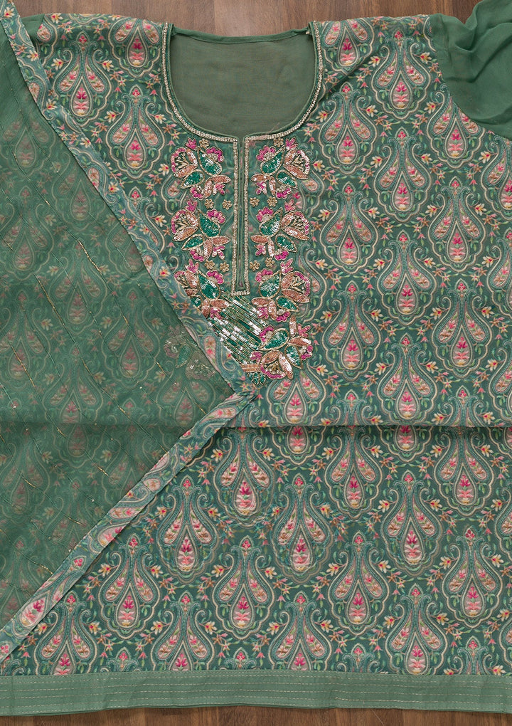 Sea Green Threadwork Georgette Unstitched Salwar Kameez-Koskii