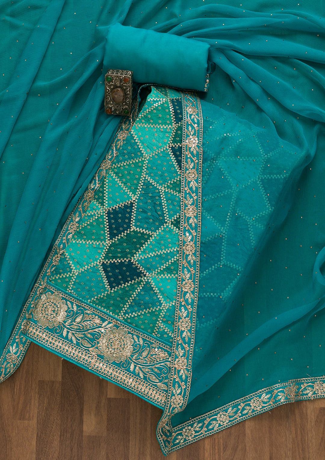 Rama Green Sequins Semi Crepe Unstitched Salwar Kameez-Koskii