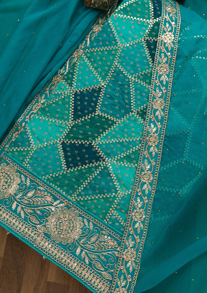 Rama Green Sequins Semi Crepe Unstitched Salwar Kameez-Koskii