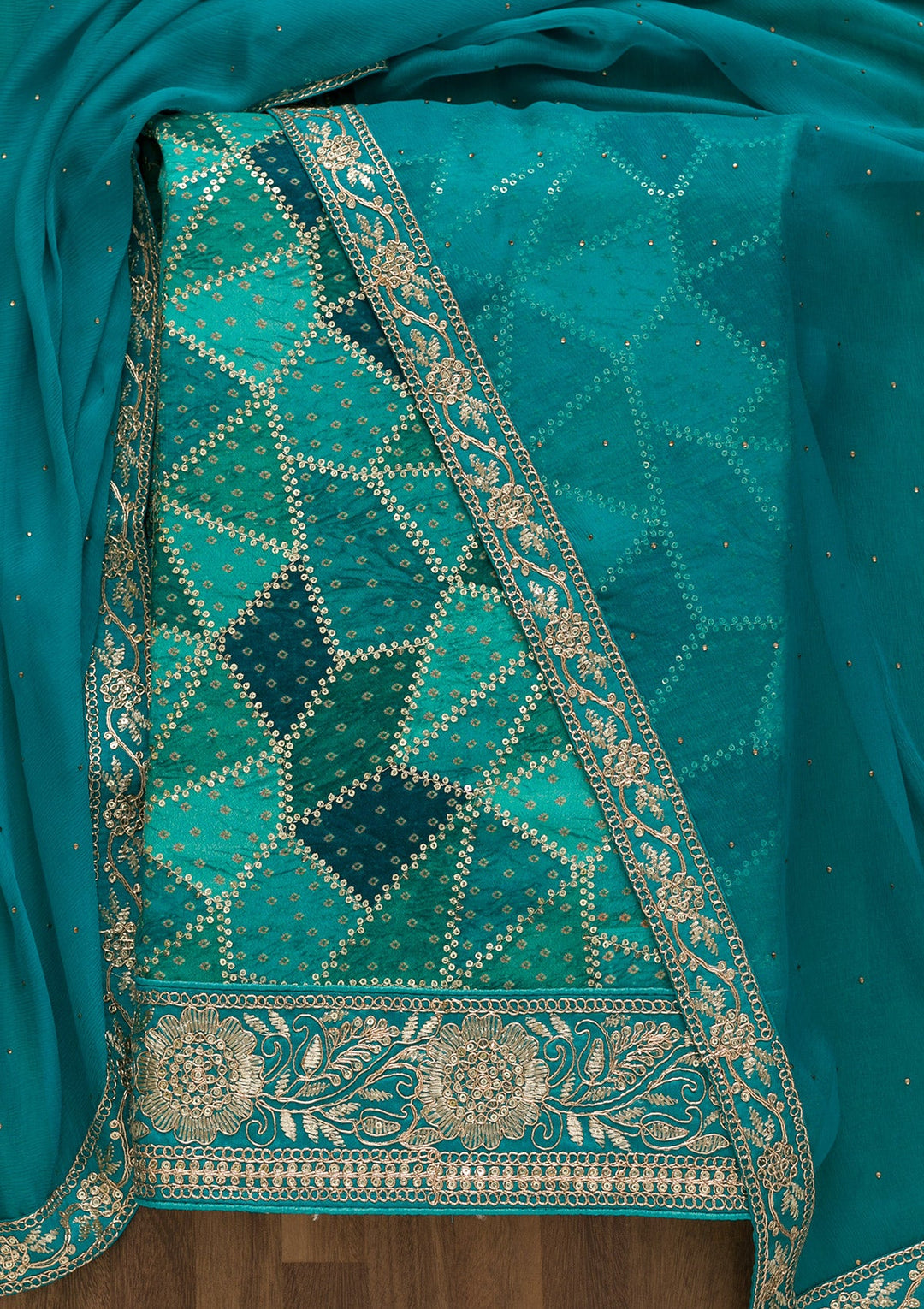 Rama Green Sequins Semi Crepe Unstitched Salwar Kameez-Koskii