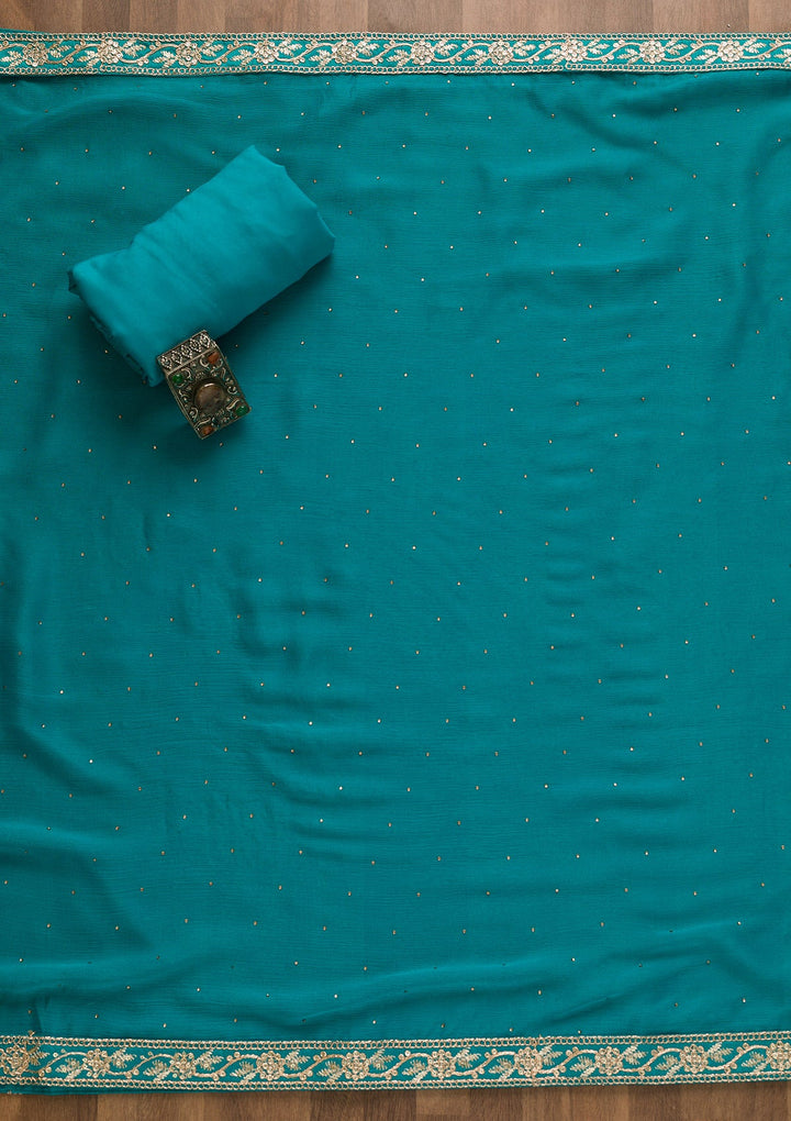 Rama Green Sequins Semi Crepe Unstitched Salwar Kameez-Koskii