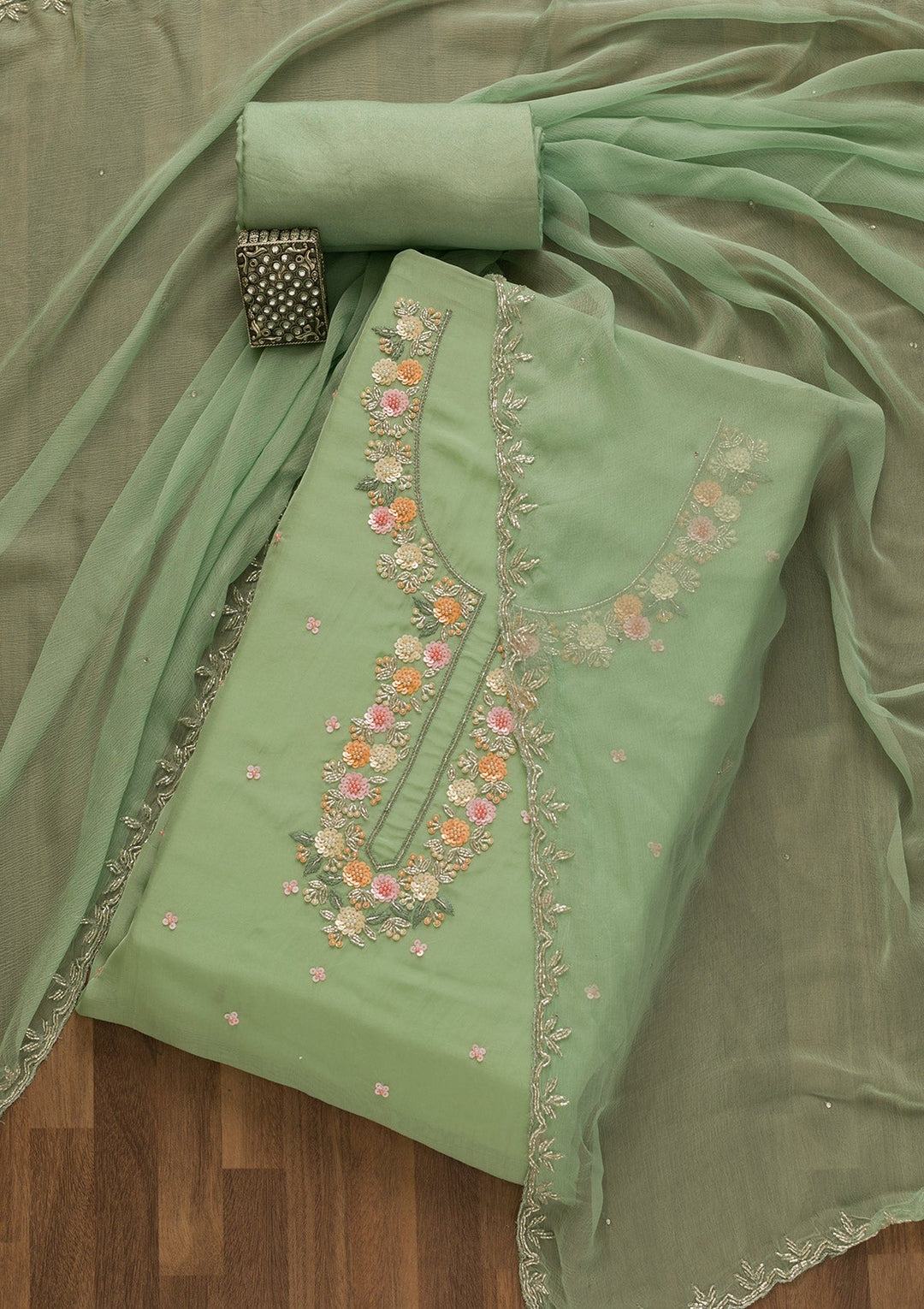 Sea Green Sequins Tissue Unstitched Salwar Kameez-Koskii