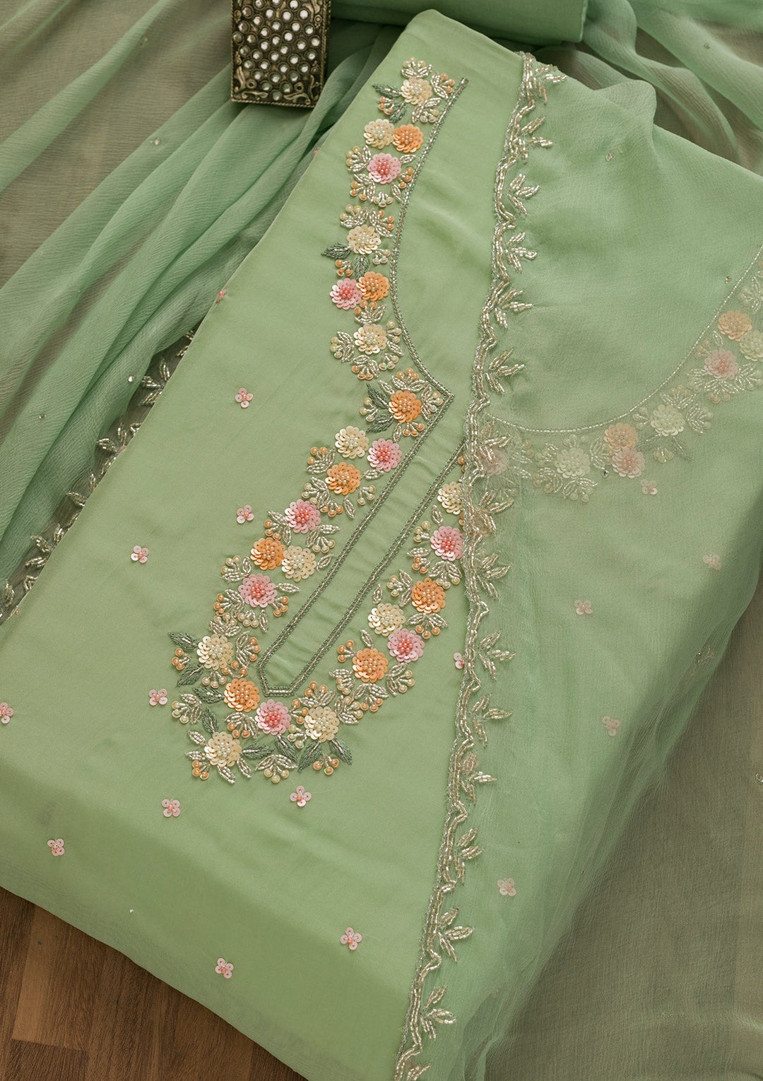Sea Green Sequins Tissue Unstitched Salwar Kameez-Koskii