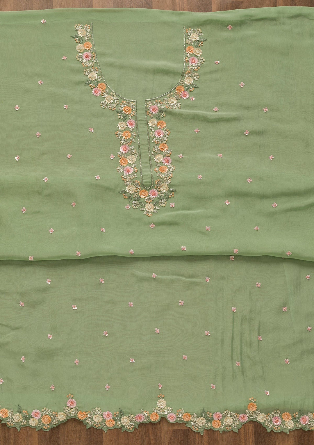 Sea Green Sequins Tissue Unstitched Salwar Kameez-Koskii