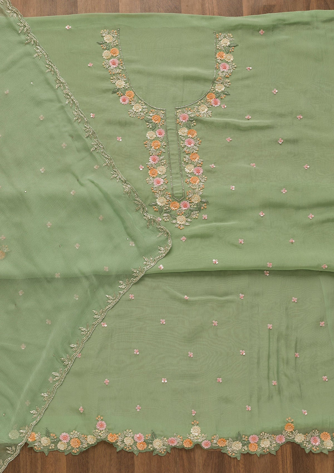 Sea Green Sequins Tissue Unstitched Salwar Kameez-Koskii
