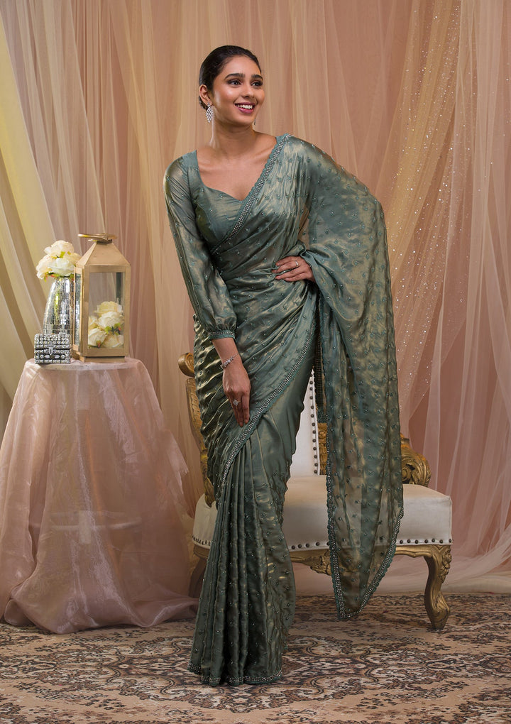 Sea Green Silver Stonework Crepe Saree-Koskii