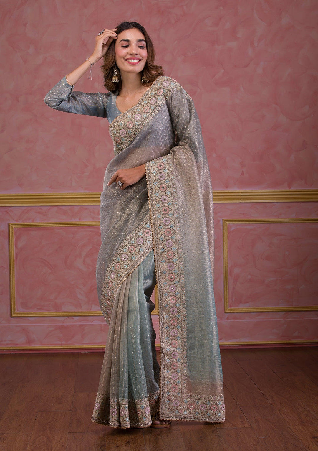 Sea Green Stonework Shimmer Saree-Koskii