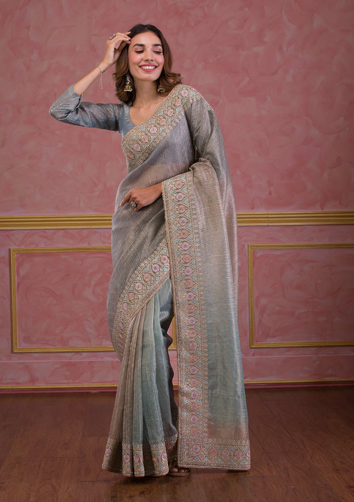 Sea Green Stonework Shimmer Saree-Koskii