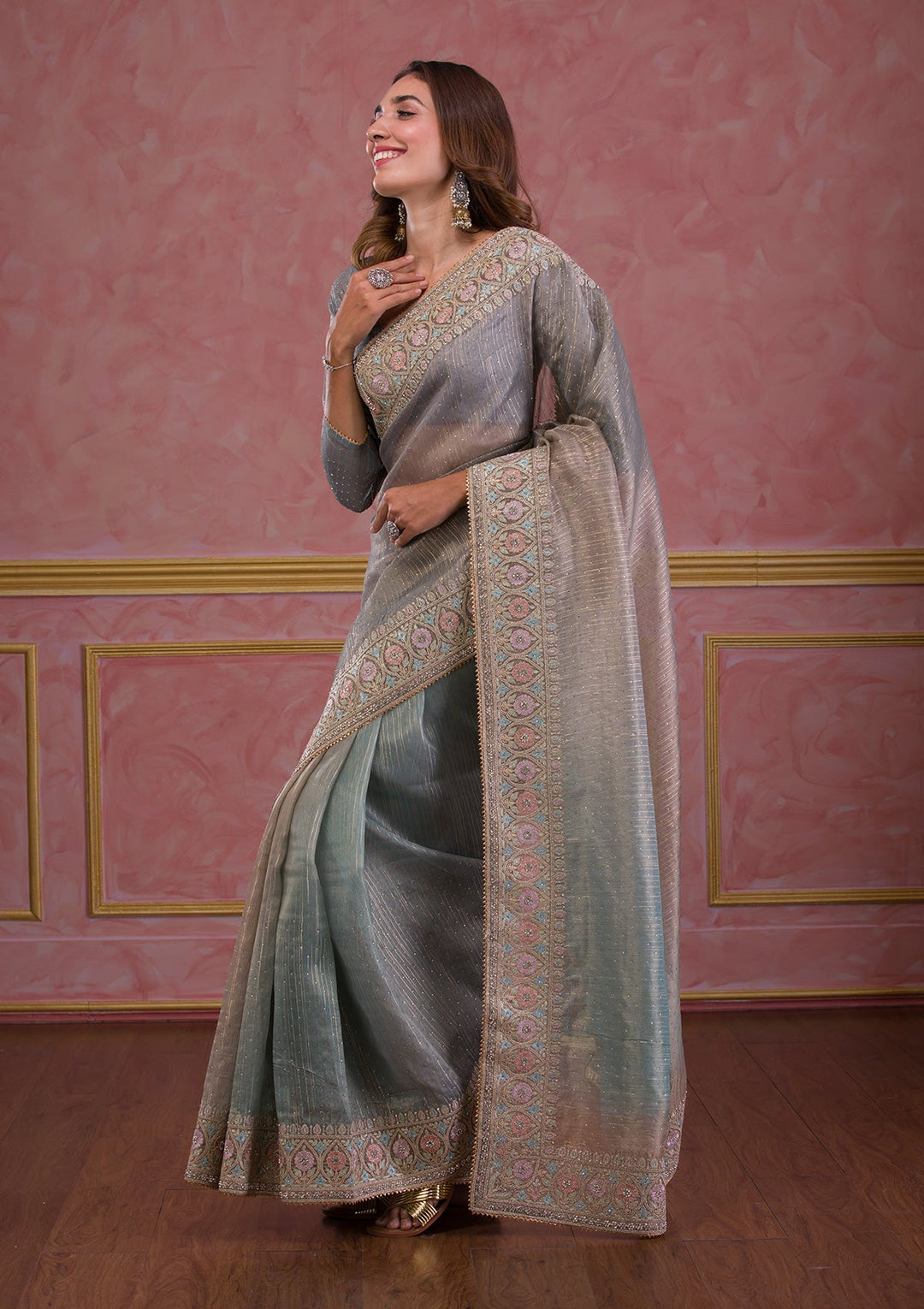 Sea Green Stonework Shimmer Saree-Koskii