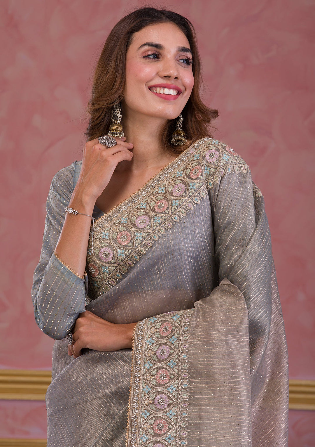 Sea Green Stonework Shimmer Saree-Koskii