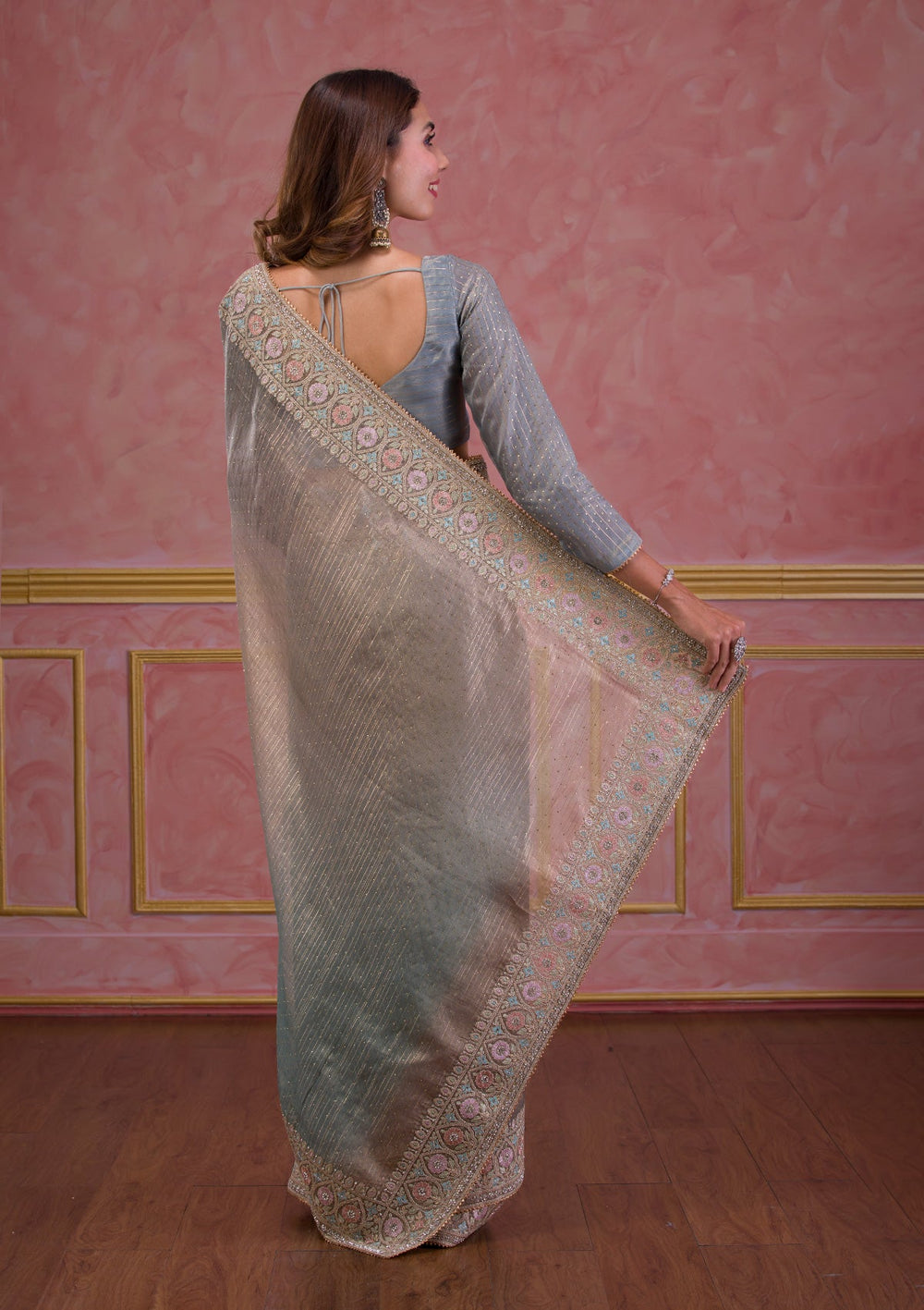 Sea Green Stonework Shimmer Saree-Koskii