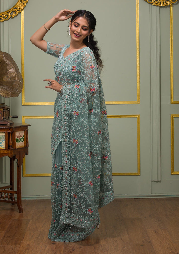 Sea Green Stonework Net Saree-Koskii