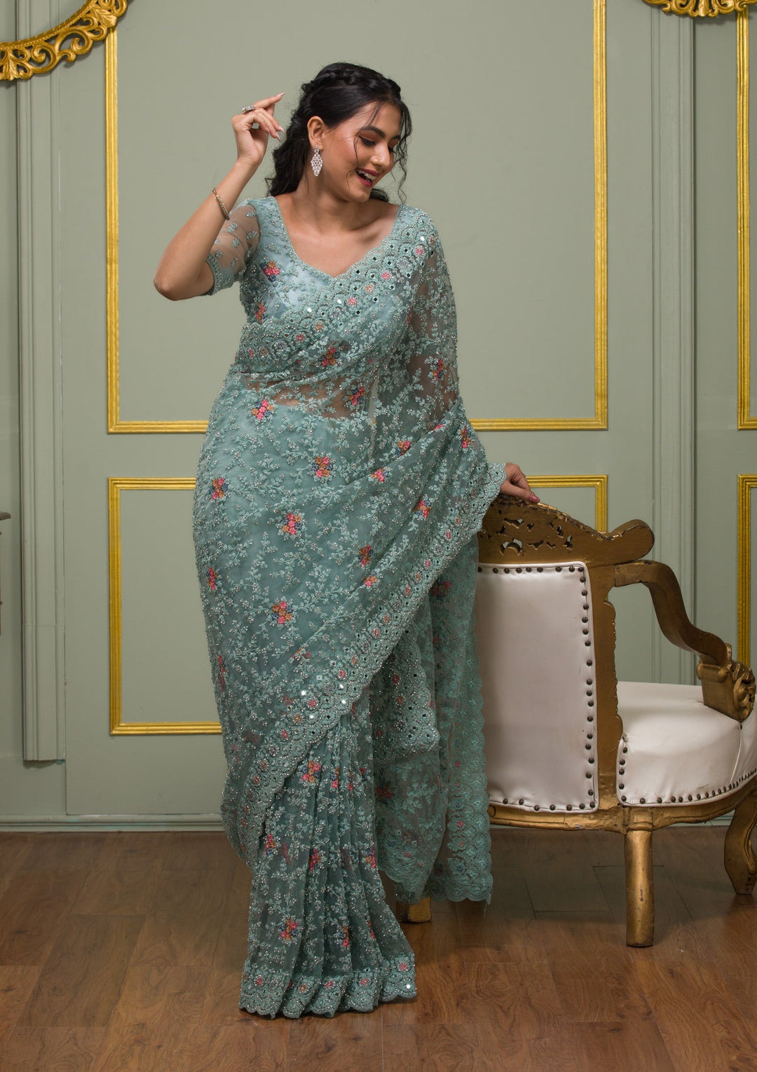 Sea Green Stonework Net Saree-Koskii