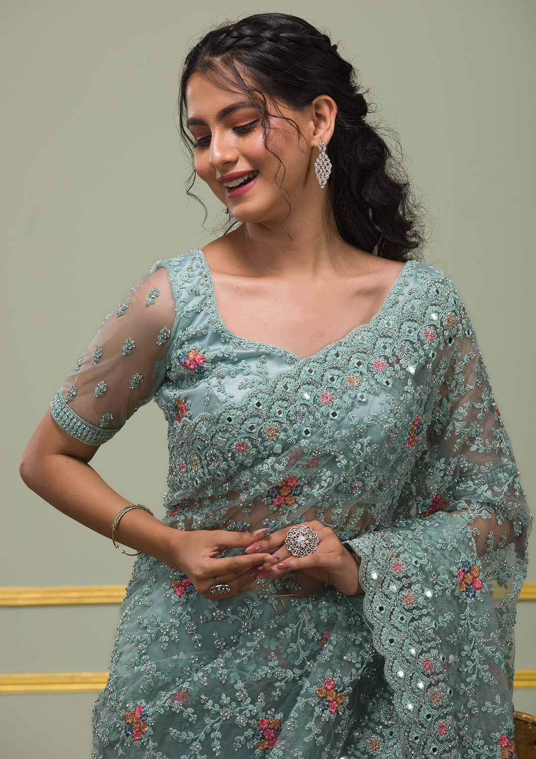 Sea Green Stonework Net Saree-Koskii