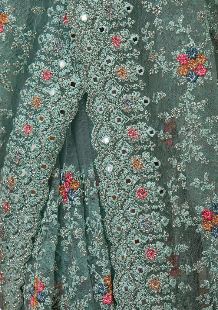 Sea Green Stonework Net Saree-Koskii