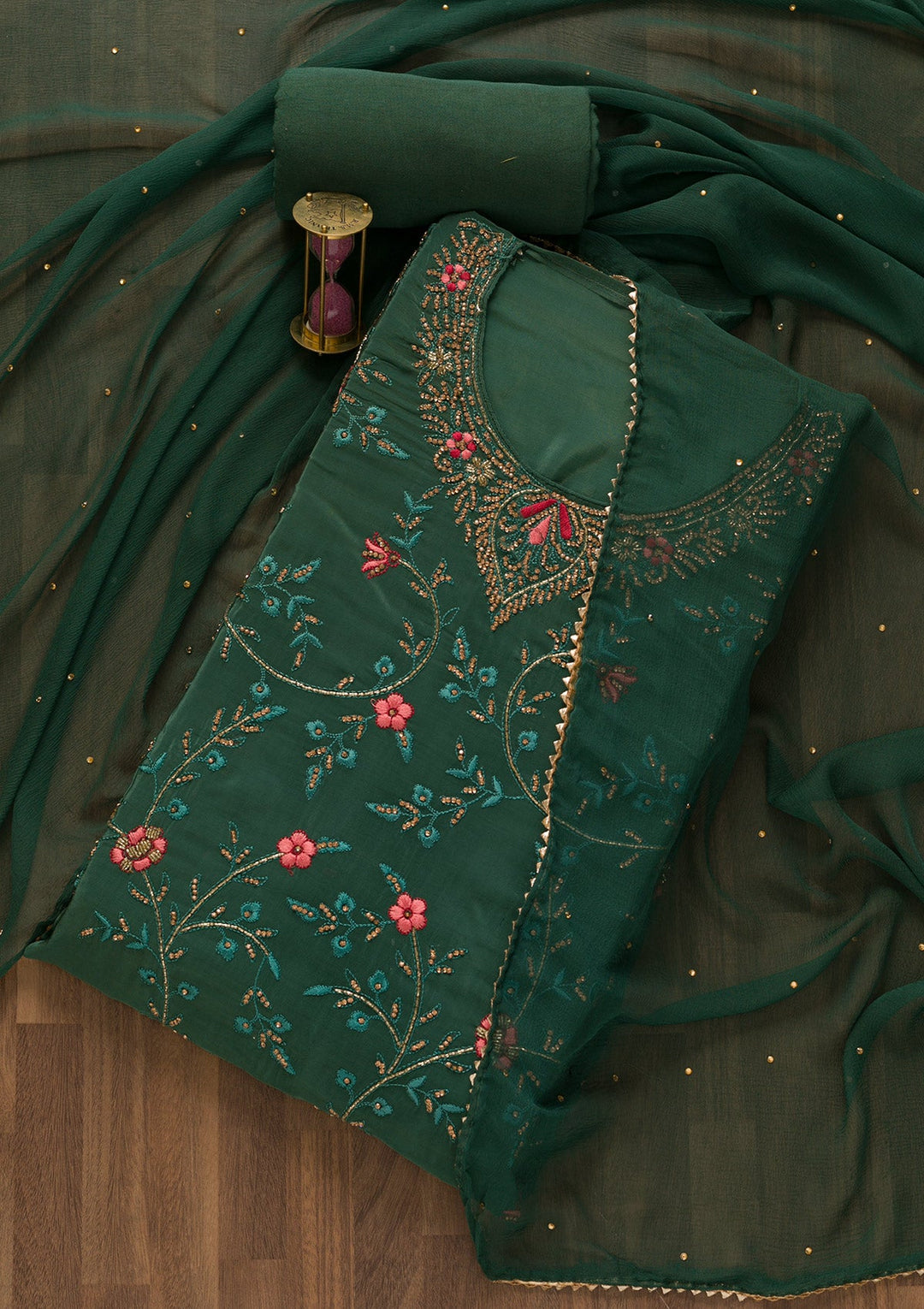 Sea Green Stonework Semi Crepe Unstitched Salwar Kameez-Koskii