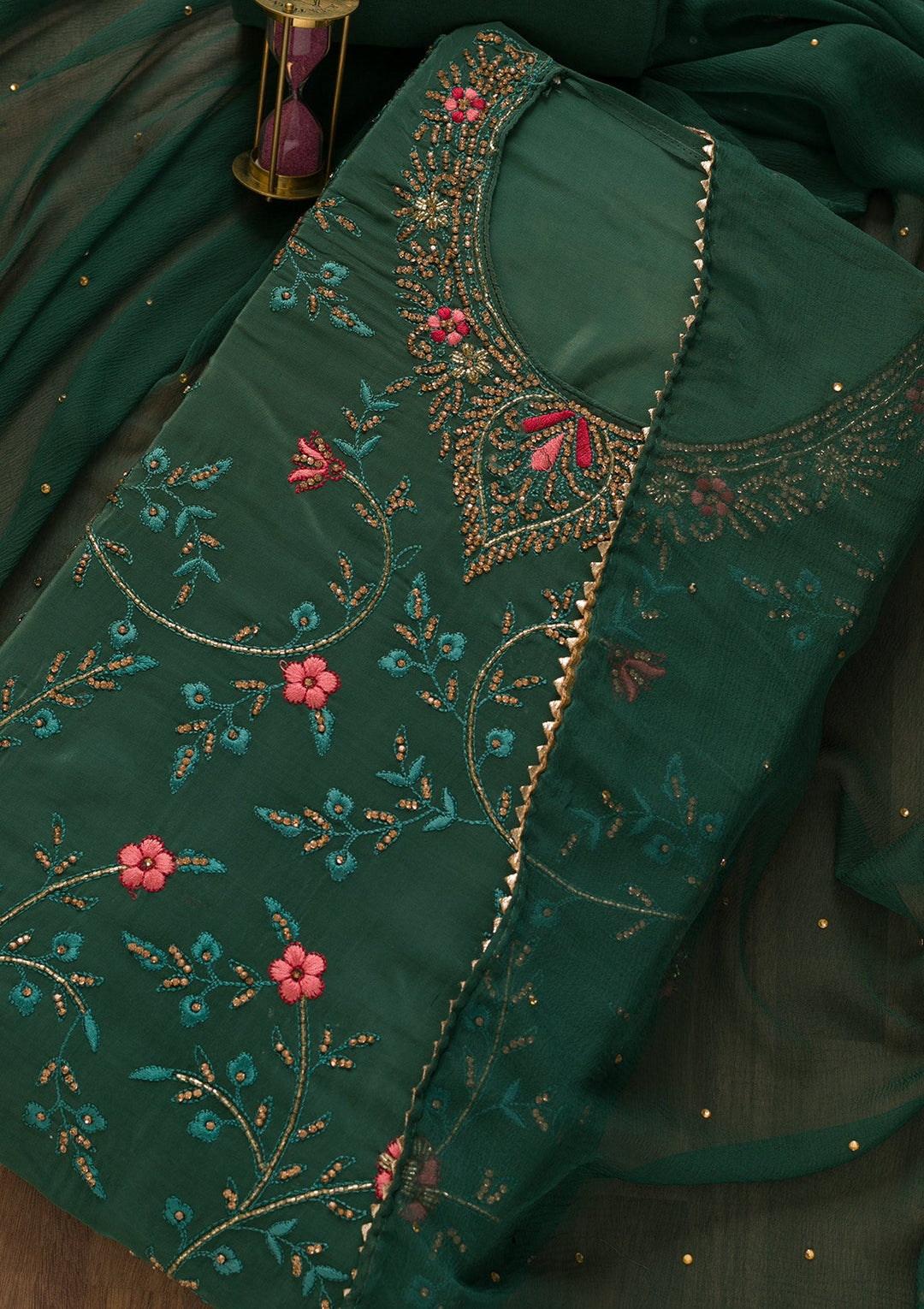 Sea Green Stonework Semi Crepe Unstitched Salwar Kameez-Koskii