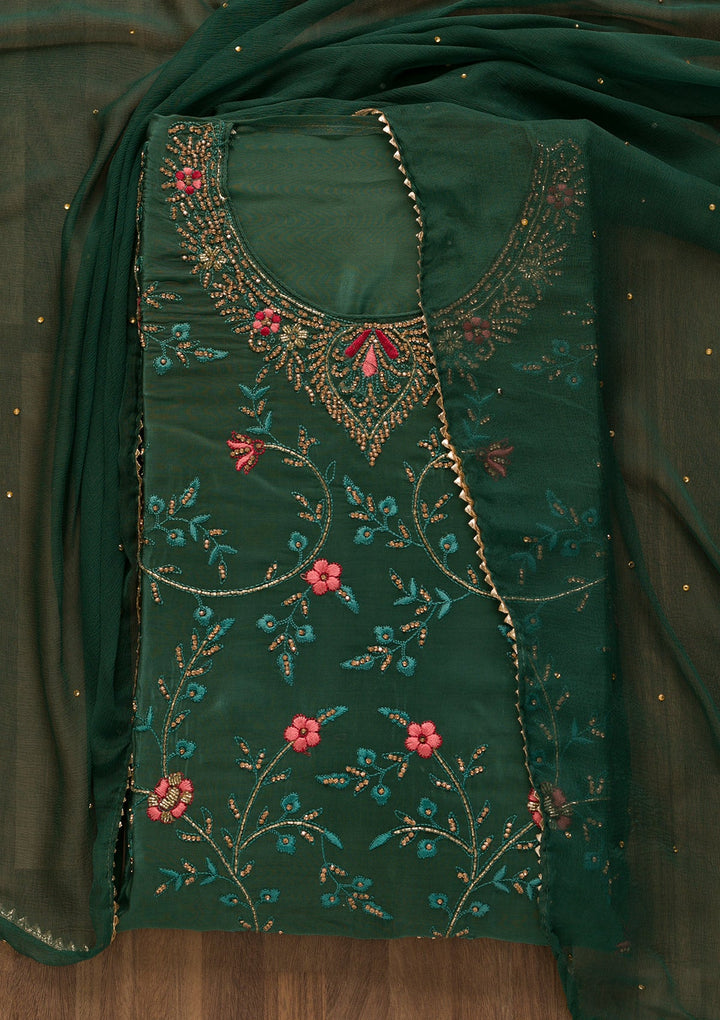 Sea Green Stonework Semi Crepe Unstitched Salwar Kameez-Koskii