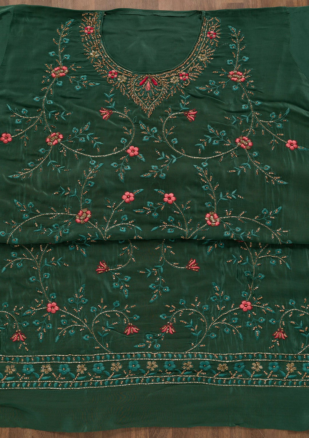 Sea Green Stonework Semi Crepe Unstitched Salwar Kameez-Koskii