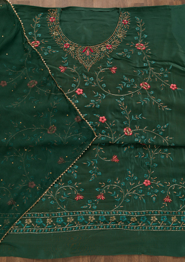 Sea Green Stonework Semi Crepe Unstitched Salwar Kameez-Koskii