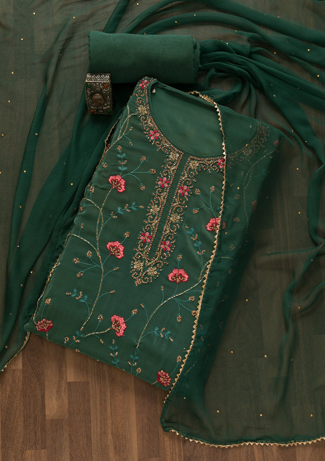 Sea Green Stonework Semi Crepe Unstitched Salwar Kameez-Koskii