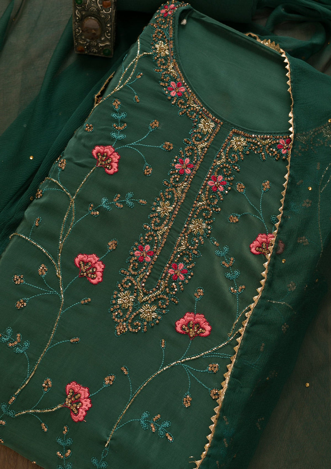 Sea Green Stonework Semi Crepe Unstitched Salwar Kameez-Koskii