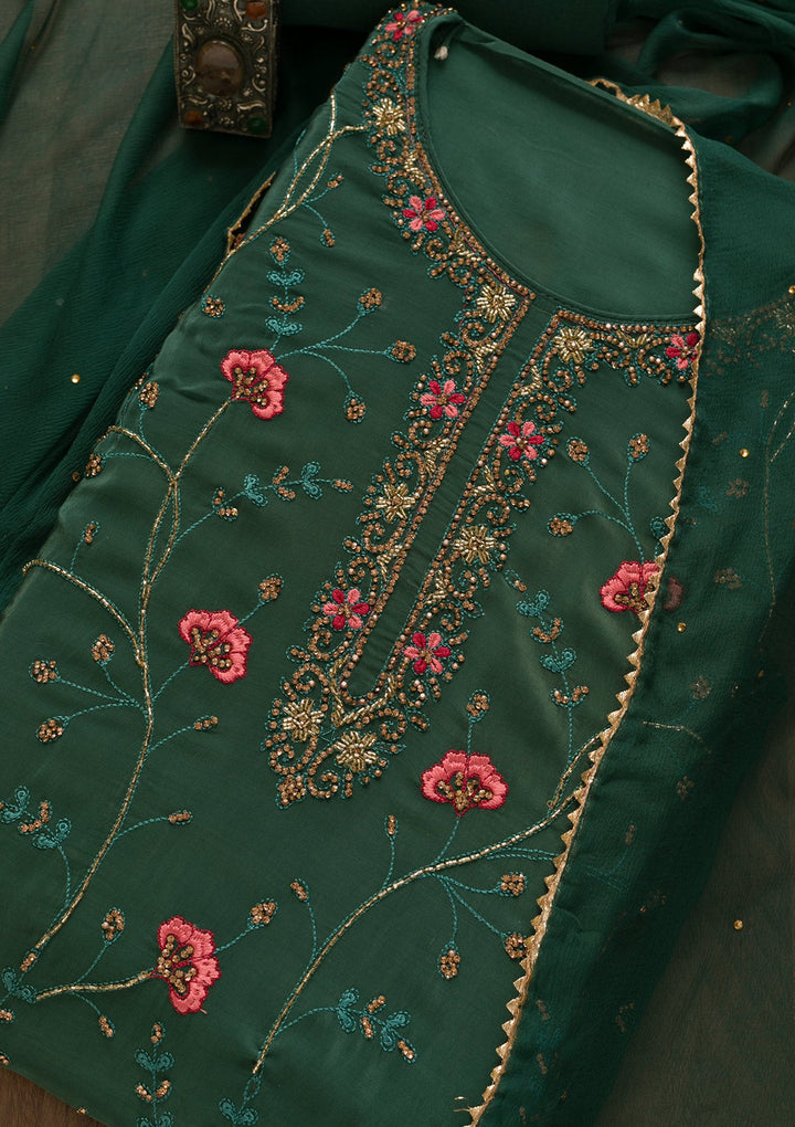 Sea Green Stonework Semi Crepe Unstitched Salwar Kameez-Koskii