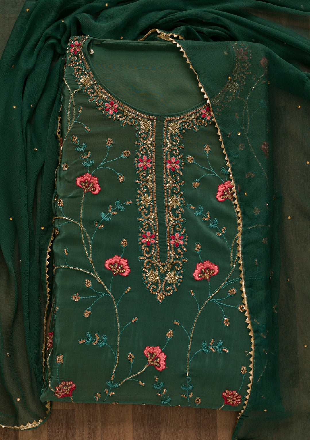 Sea Green Stonework Semi Crepe Unstitched Salwar Kameez-Koskii