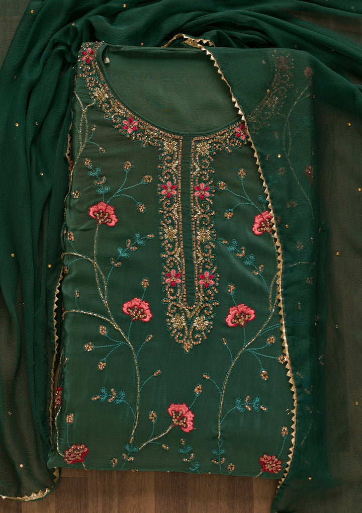 Sea Green Stonework Semi Crepe Unstitched Salwar Kameez-Koskii