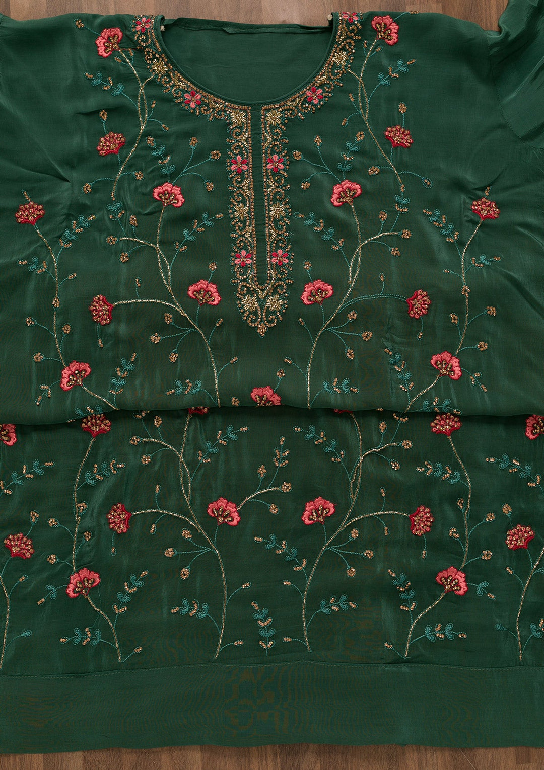 Sea Green Stonework Semi Crepe Unstitched Salwar Kameez-Koskii