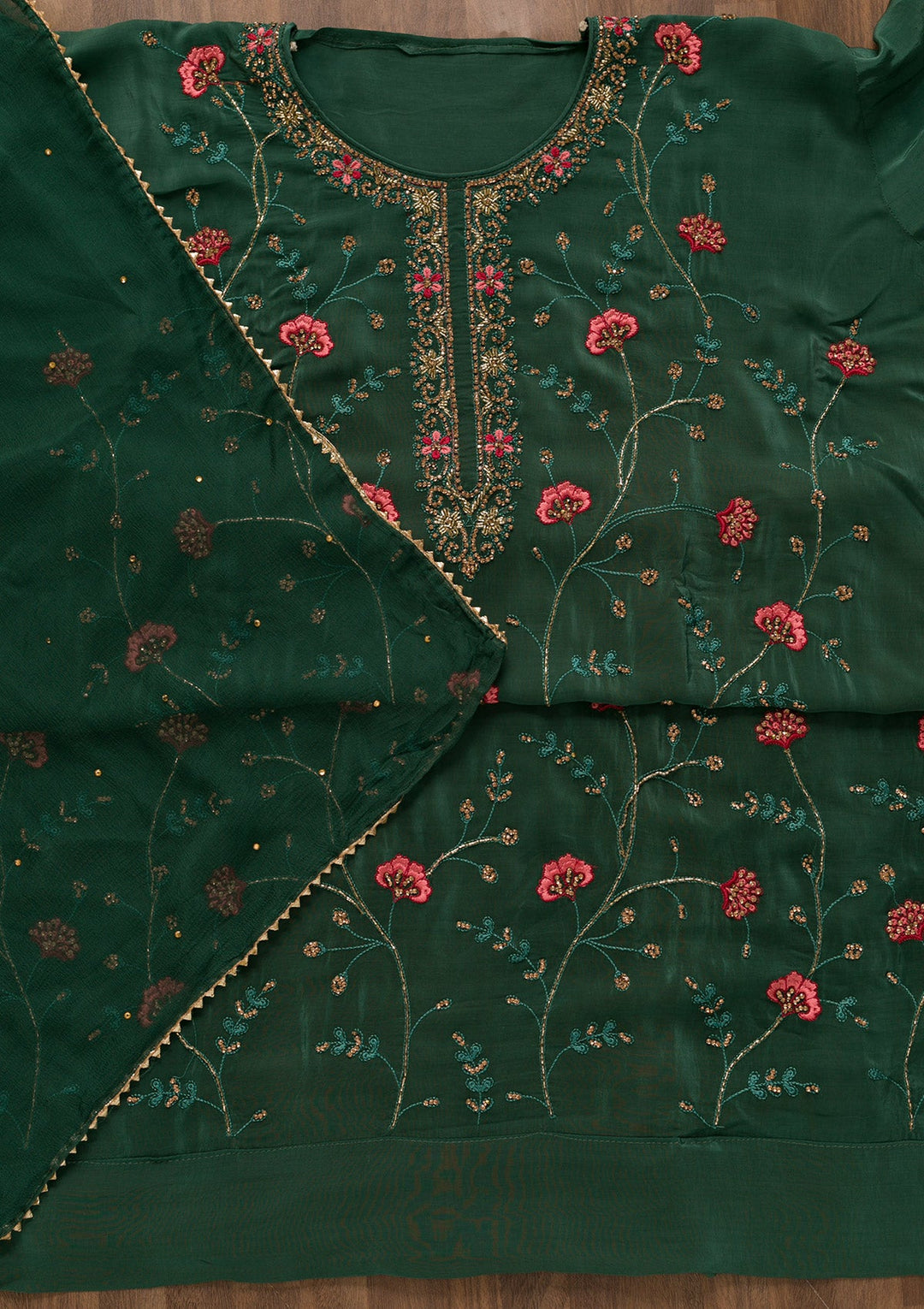 Sea Green Stonework Semi Crepe Unstitched Salwar Kameez-Koskii