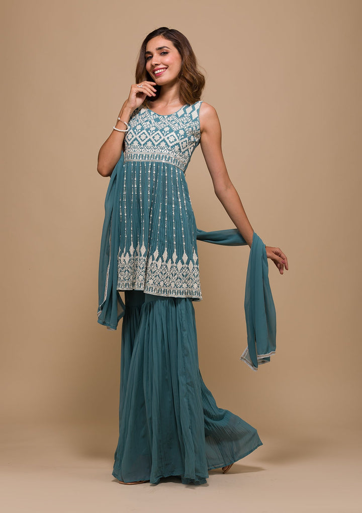 Sea Green Threadwork Georgette Readymade Salwar Kameez-Koskii