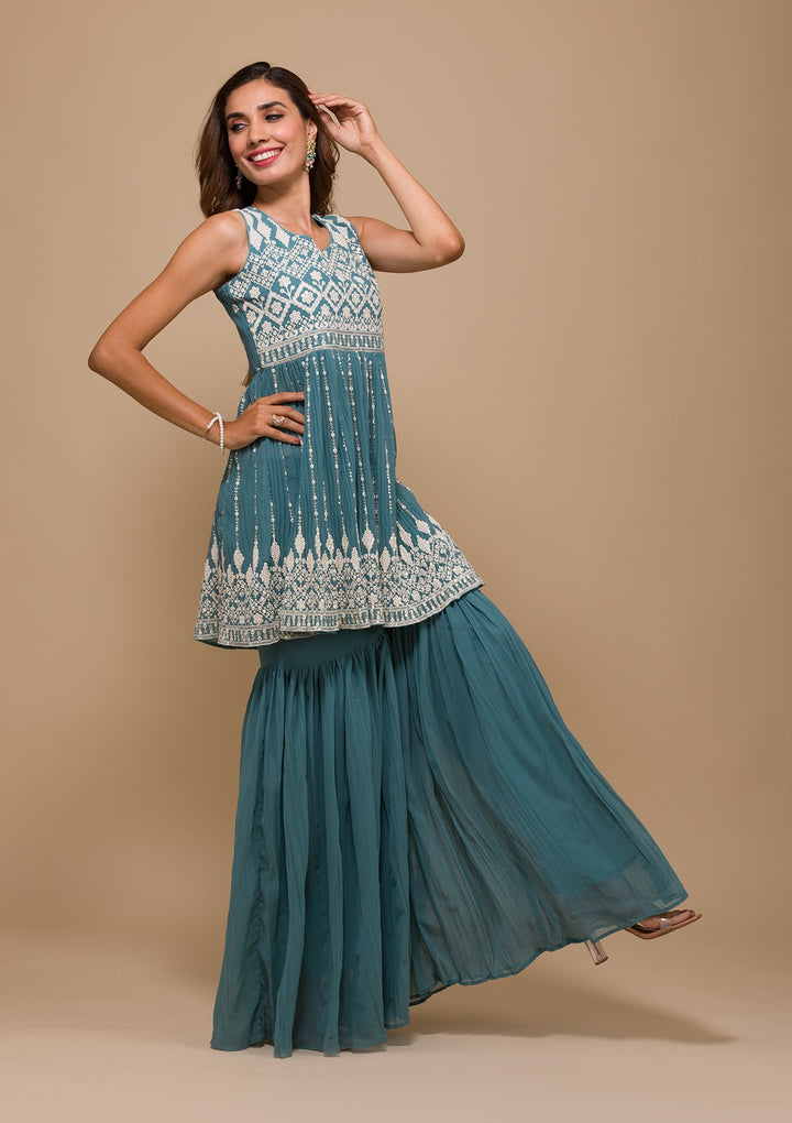 Sea Green Threadwork Georgette Readymade Salwar Kameez-Koskii